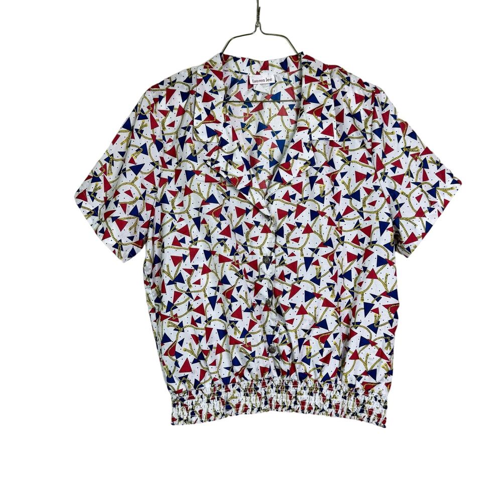 Lauren Lee Vintage red blue geometric abstract nautical short sleeve blouse 18